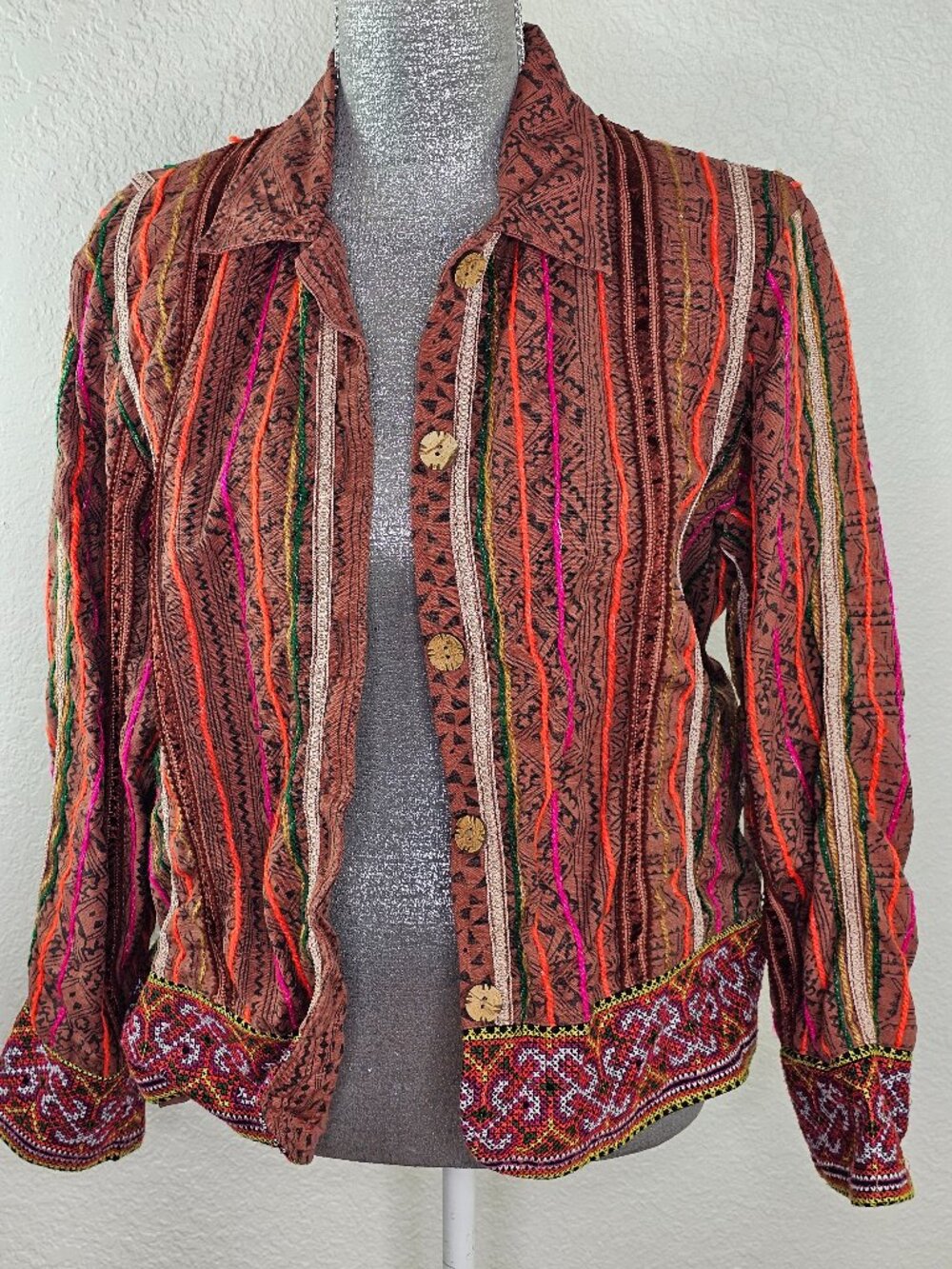 The Territory Ahead Tapestry Aztec Button Down Linen Jacket Size Large